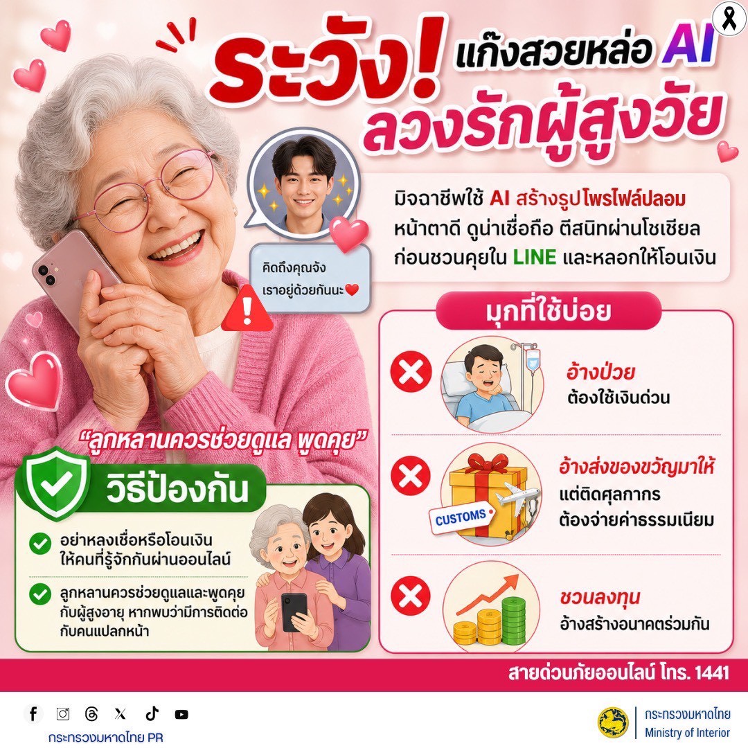 พช.สระบุรี ร่วมรณรงค์ เฝ้าระวัง! แก๊งสวยหล่อ AI ลวงรักผู้สูงวัย